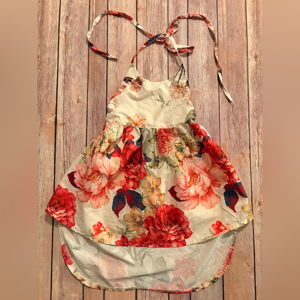 Floral Halter High-Low Dress in Cream and Red